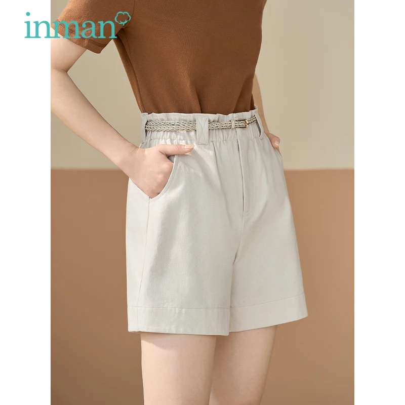 

INMAN Women Shorts with Belt 2023 Summer Elastic Waist Straight Loose A-shaped Pants 100% Cotton Casual All-match Trousers