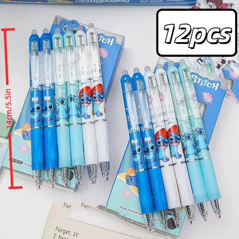 12pcs Lilo and Stitch Neutral Pen Disney Cute Stationery Erasable 0.55mm Blue Signature Pen Office Supplies Tools Wholesale Toys