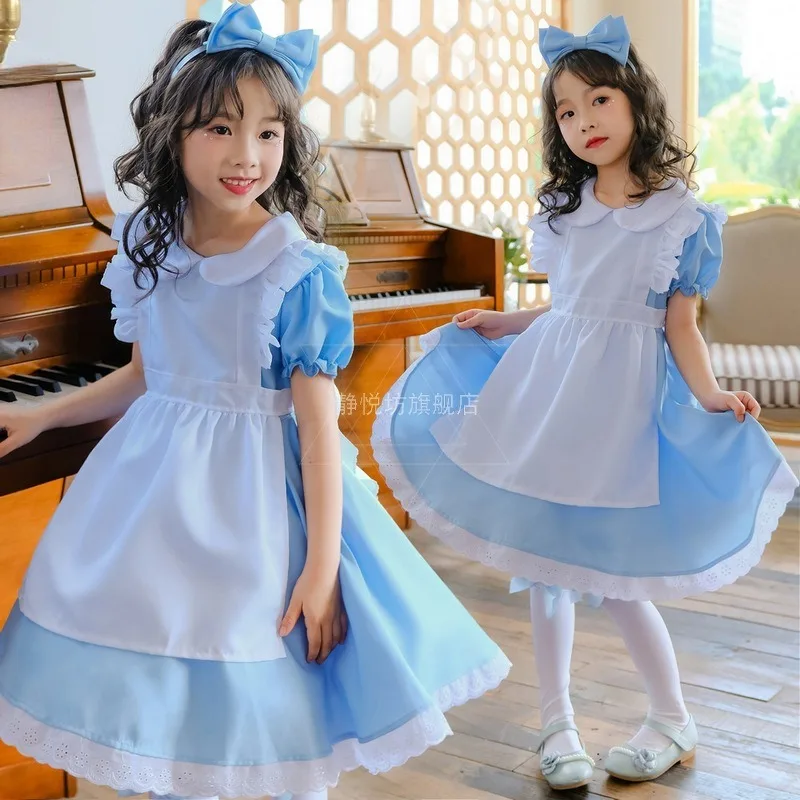 

2024 New Halloween Kids Girls Anime Alice Adventures Blue Party Dress Alice Dream Child Sissy Maid Lolita Cosplay Costume