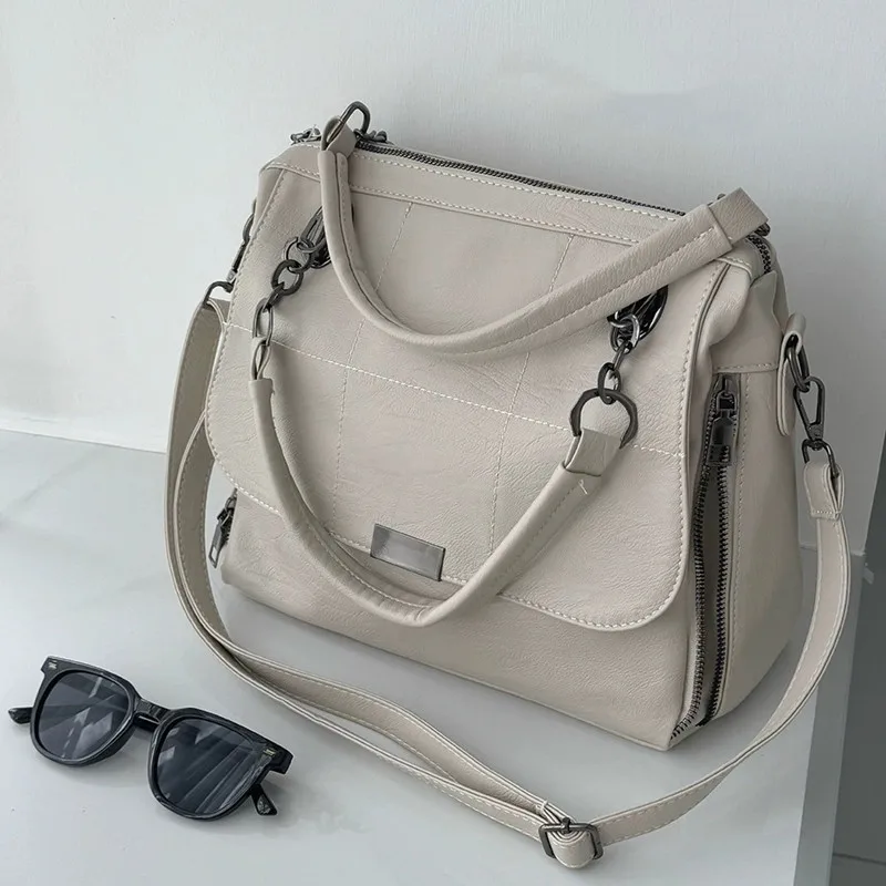 Solid Color Ladies Handbag Women's Shoulder Crossbody Bag Large Capacity PU Leather Casual Tote Travel Handbag Boston Female Bag