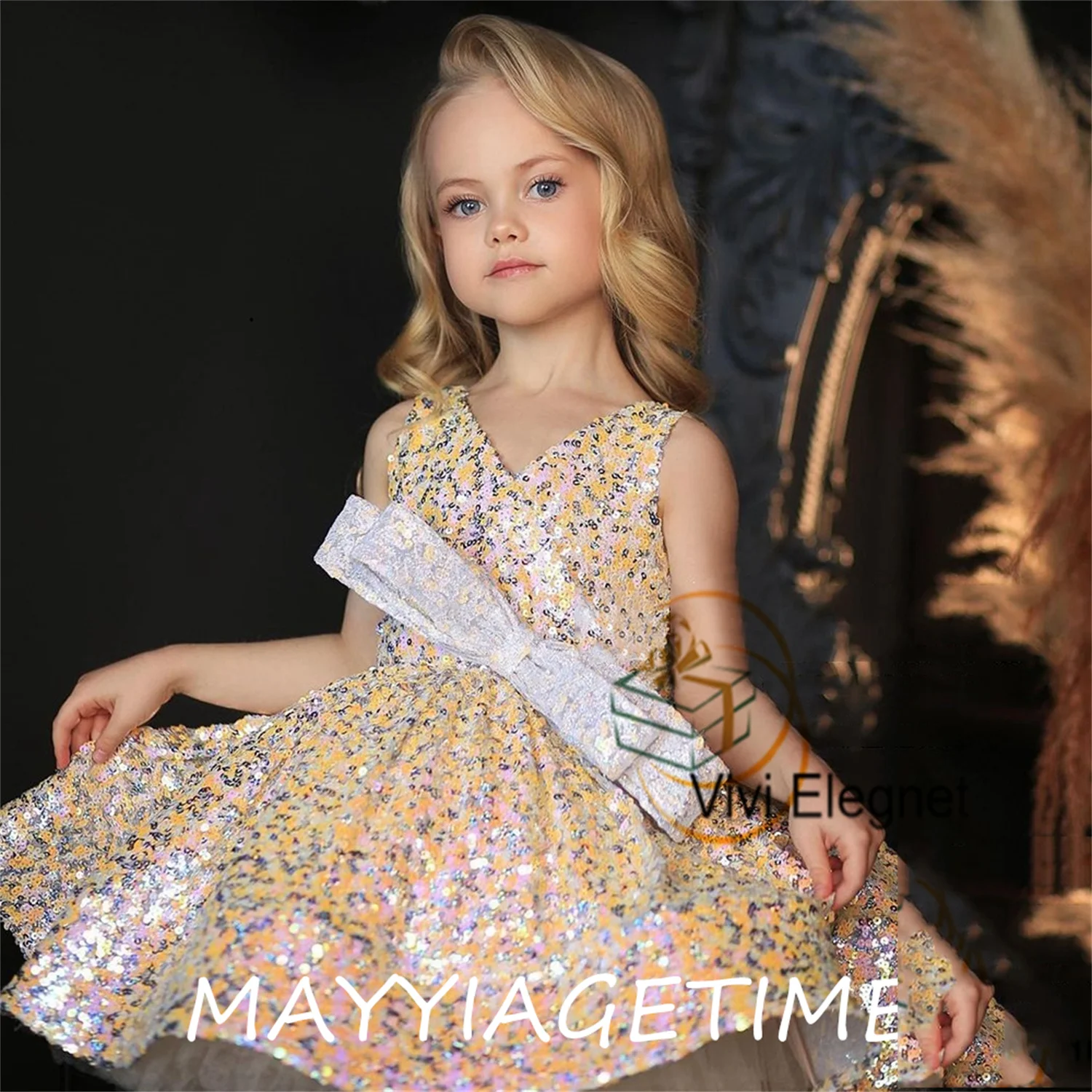 

Glitter Cap Sleeve Flower Girl Dresses Tiered Sleeveless Wedding Party Gowns for Birthday 2023 Summer فساتين بنات صغار Bow