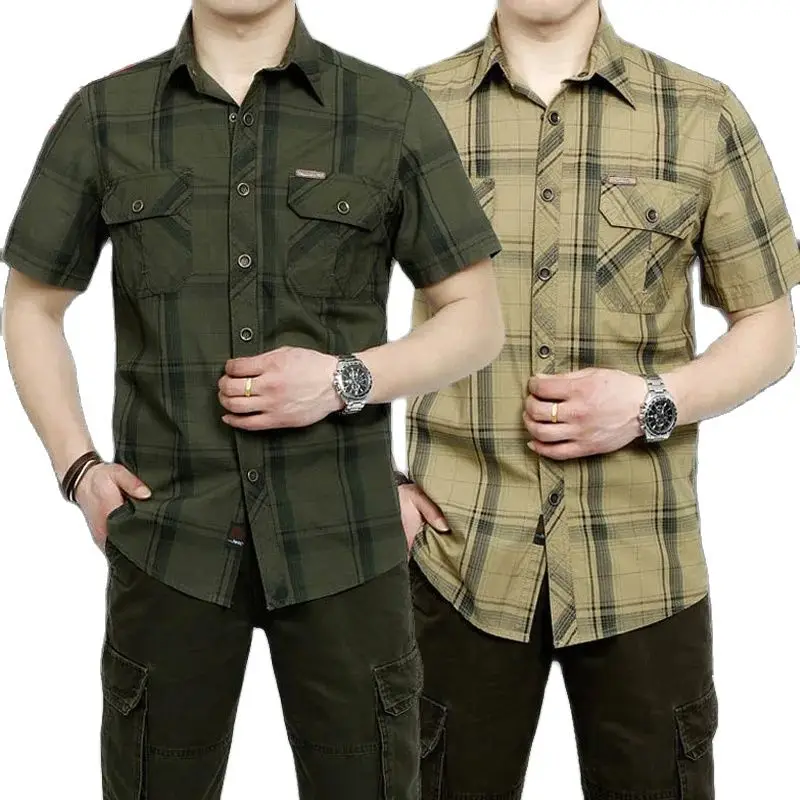 

2024 Summer New Fashion Men Short Sleeve Solid Color Military Shirt Casual Cargo Work 100% Cotton Pocket Shirts Male Plain Tops