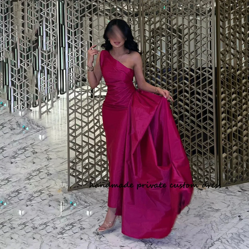 

Red One Shoulder Mermaid Saudi Arabic Evening Dress Pleats Satin Dubai Arabia Celebrate Party Dress with Skirt Formal Prom Gowns