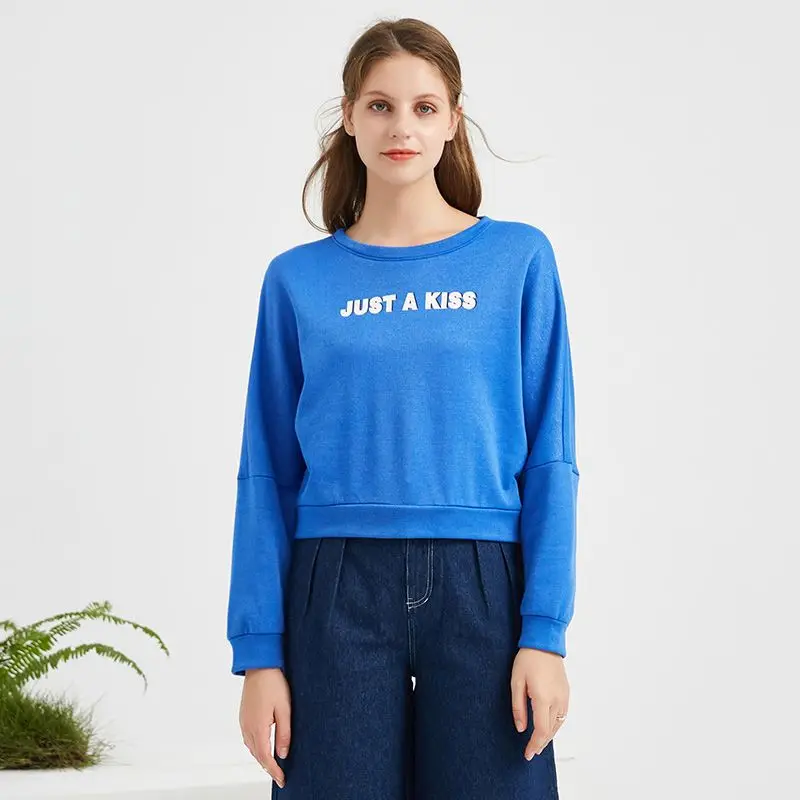 

New Pullover Tops Women Letters Round Neck Long Sleeve Hoodies Sweatshirt Cropped Tops Casual Streetwear