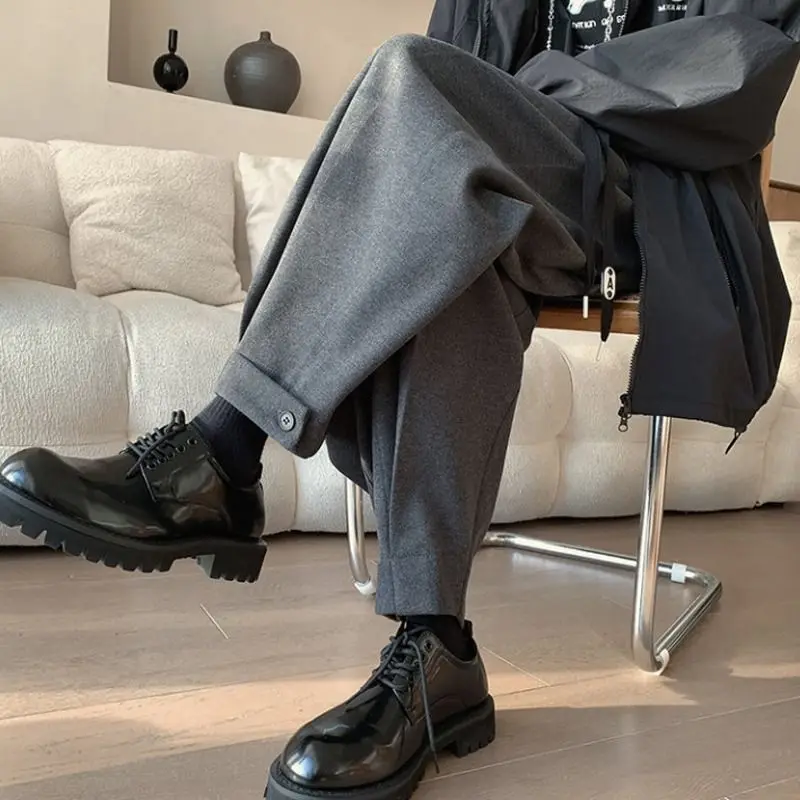 Spring Autumn Solid Color Fashion Elastic Waist Haren Pants Man High Street Casual Button Pockets Patchwork Drawstring Trousers