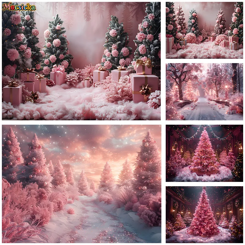 

Mocsicka Winter Photography Background Christma Party Xmas Tree Cloud Pink Backdrop New Year's Eve Party Girl's Birthday Studio