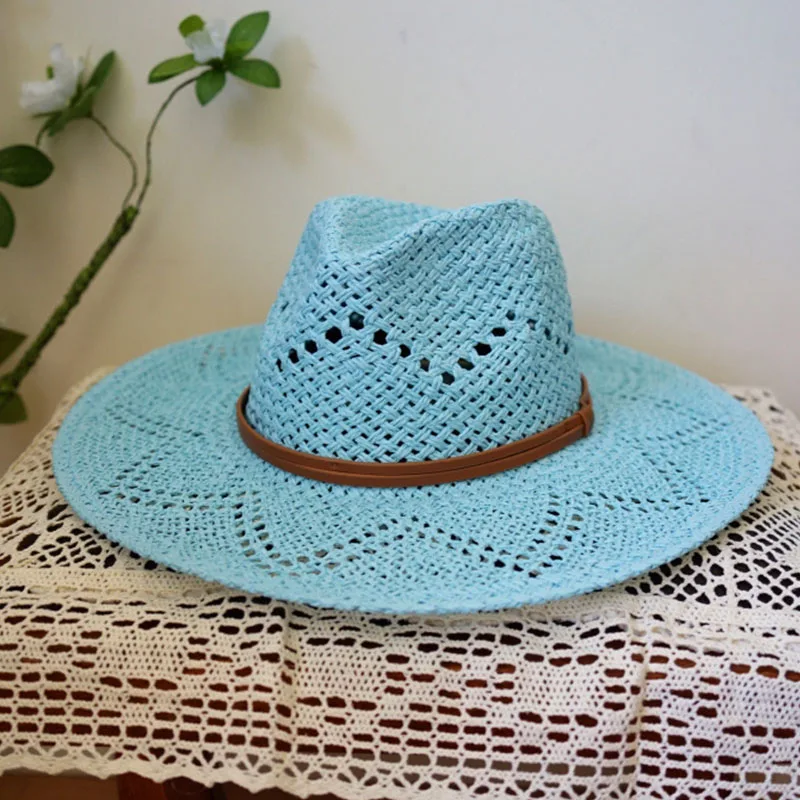

Fashion Blue Flower pattern Straw Hats Wide Brim Sun Hat PU leather Band Panama Hats Summer Beach Hat Kentucky Derby Party Hat