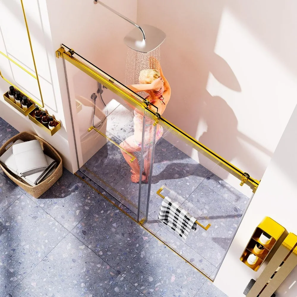 Frameless Double Sliding Shower Door 68-72" W x 76" H, 3/8" (10mm) Clear SGCC Tempered Glass, Brushed Gold Shower Door 2