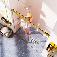 Frameless Double Sliding Shower Door 68-72" W x 76" H, 3/8" (10mm) Clear SGCC Tempered Glass, Brushed Gold Shower Door 2