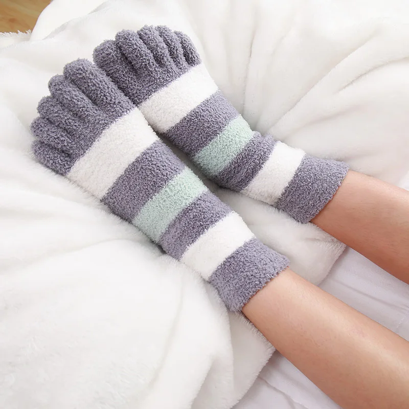 

Women's Thick Five Finger Socks Winter Warm Coral Fleece Fluffy Toe Socks Striped Soft Cozy Hosiery Laides Female Floor Slippers