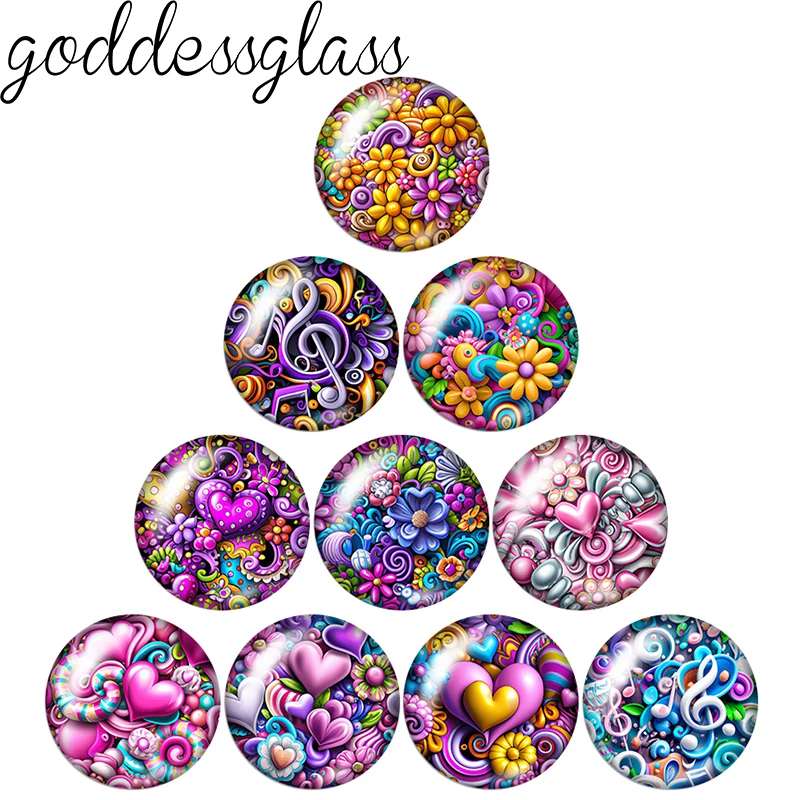

New Colorful flowers hearts mixed 12mm/18mm/20mm/25mm Round glass cabochon flat back Making findings for custom DIY bracelets