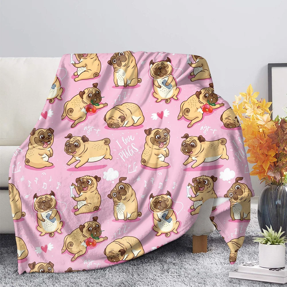 Flannel Blanket Cute Animal Pug Dog Soft Warm Fall Sofa Fleece Throw Blankets for Bed Sofa Couch Blanket King Size Lightweight