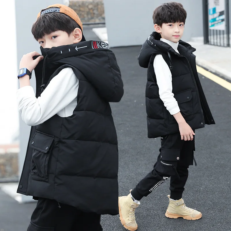 Autumn Winter Children Sleeveless Hoodies Jacket Kids Casual Waistcoat Boys Thicken Warm Long Vest Teenager Coat Outerwear children vest