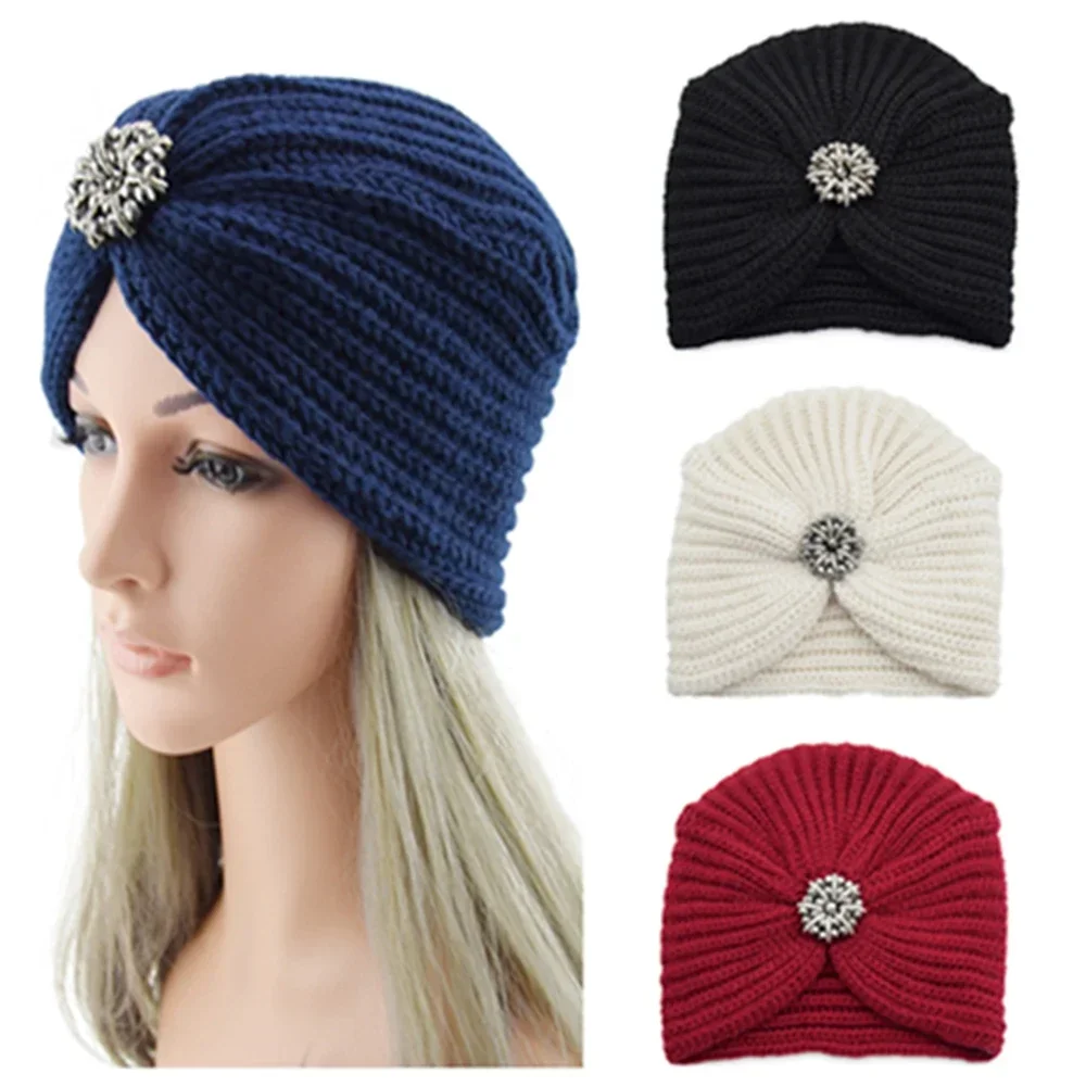 Bohemian Style Winter Woolen Flower Drill Belt Knitted Hat European and American  Women Turbans Cap 2