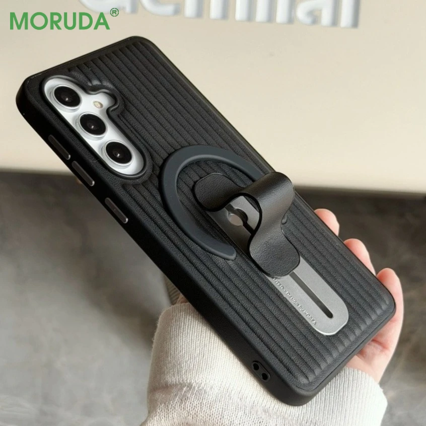 Adjustable Ring Holder Leather Magnetic Case with Creative Corrugated Stripe Cover