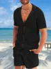 2-Piece Outfit for Men Summer Breathable Mesh Lapel Collar T-Shirt and Shorts Sets Cool Sexy Hollow Fabric Design Beach Clothing 4