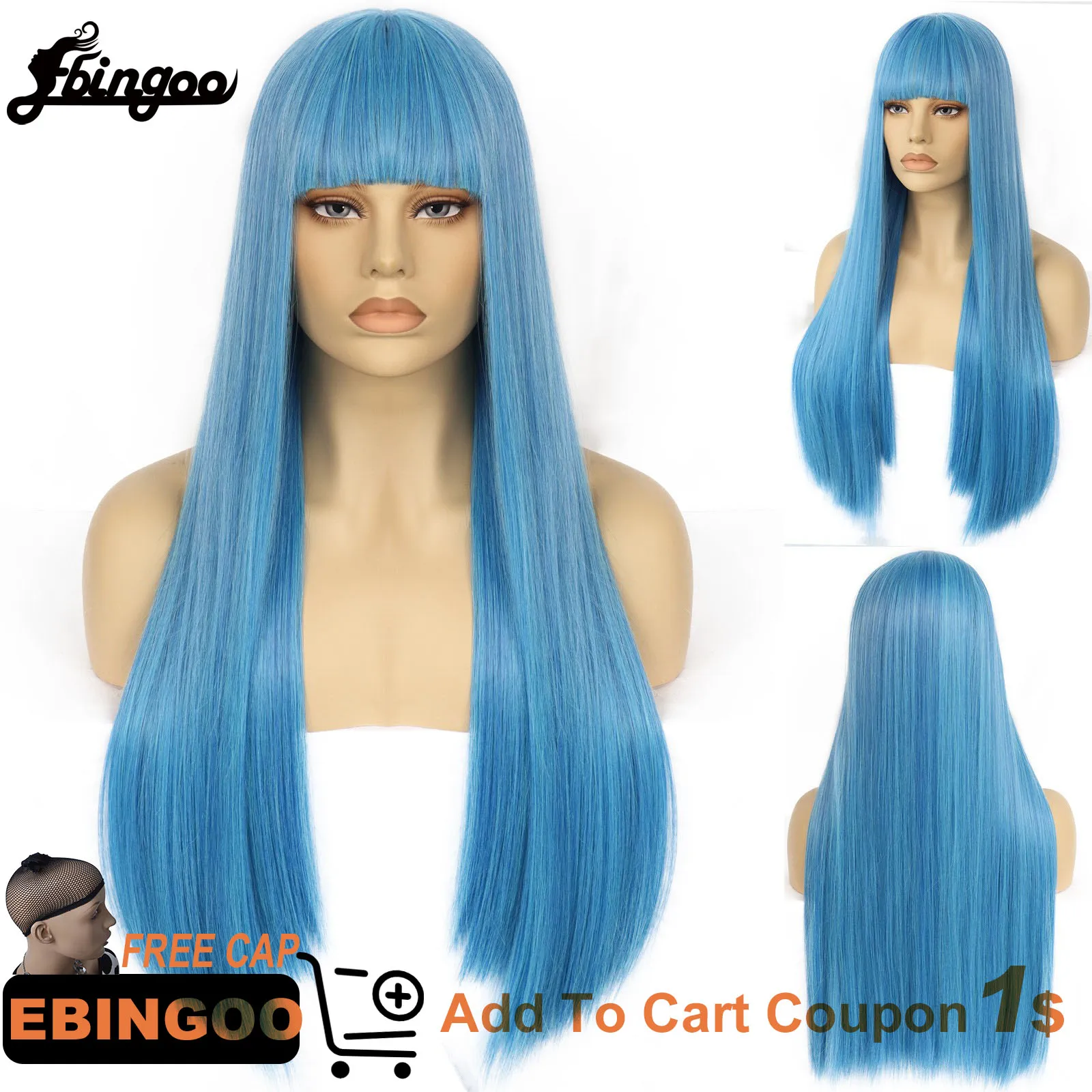 Ebingoo Synthetic 30INCH  Long Blue Wig with Bangs Full Machine Made Hair Wigs Heat Resistant Fiber Women Wig with Free Wig Cap
