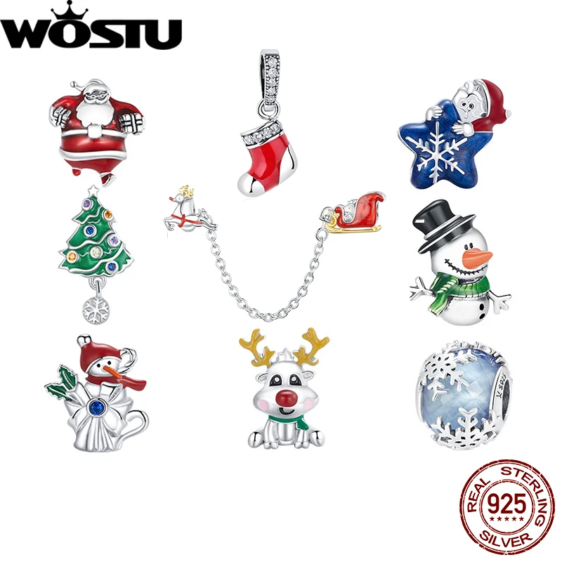 

WOSTU 100% 925 Sterling Silver Christmas Tree Bead CZ Santa Claus Charm Snowman Pendant DIY Bracelet Necklace Original Jewelry