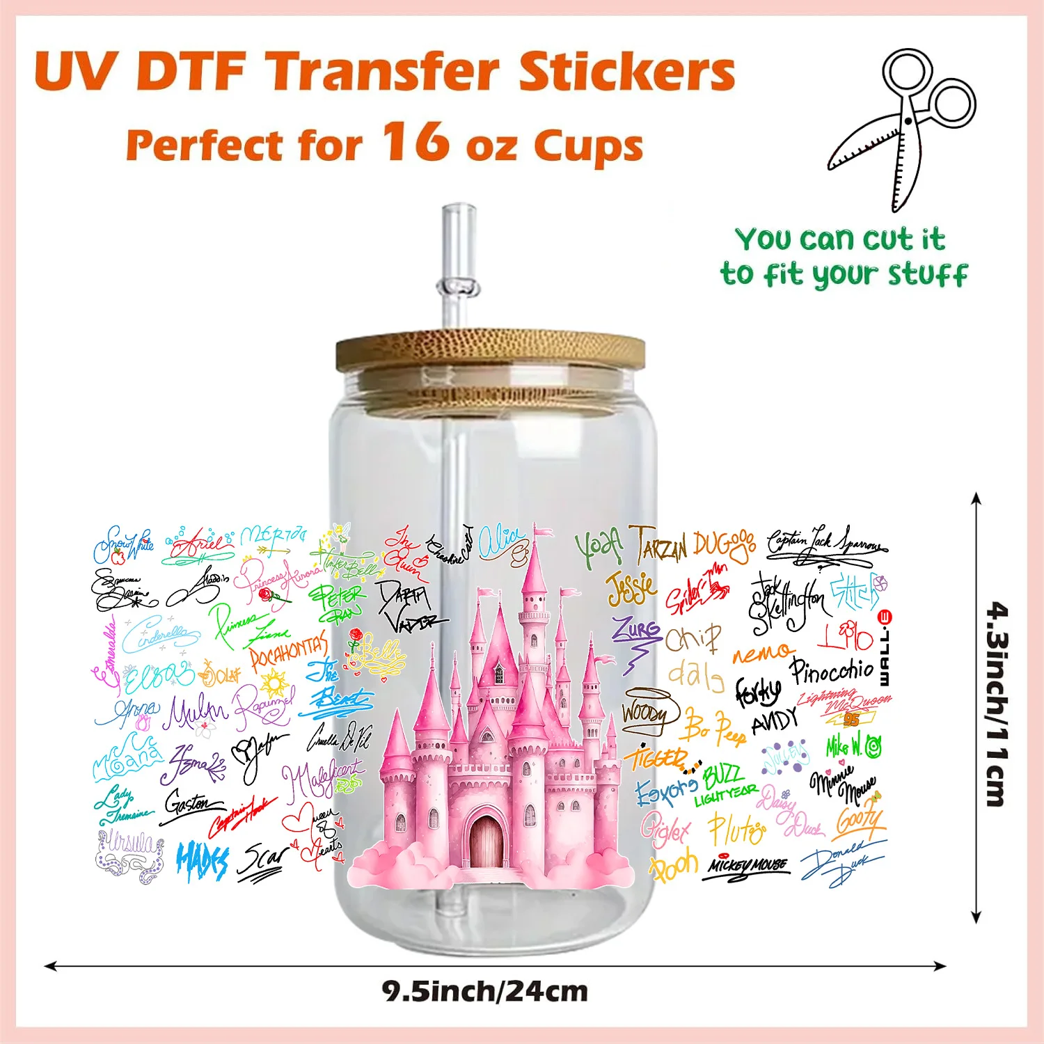 3D Stickers 3D Wall Stickers UV DTF Wrap Transfer Princess Castle Series Easy Peel Waterproof DIY Decals 16oz UV DTF Cup Wraps for Glasses