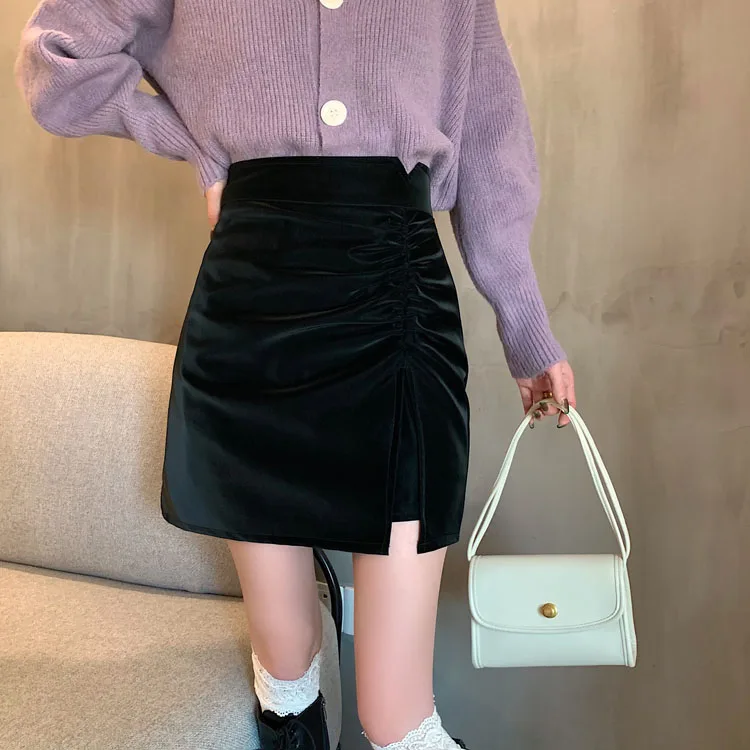 PLAMTEE PU Mini Bodycon Skirts Women Split Sexy New Summer Chic Gentle 2022 High Waist Lady Office Wear Solid Hot OL Fashion black pencil skirt