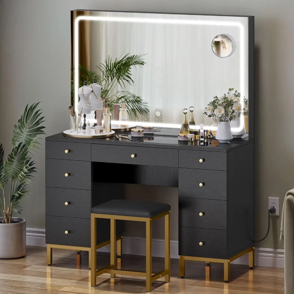 Large Black Makeup Vanity Desk Set with LED Mirror & Charger Station, Glass Top Vanity with 9 Drawers and Adjustable 2