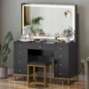 Large Black Makeup Vanity Desk Set with LED Mirror & Charger Station, Glass Top Vanity with 9 Drawers and Adjustable 2