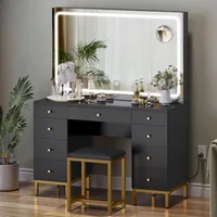 Large Black Makeup Vanity Desk Set with LED Mirror & Charger Station, Glass Top Vanity with 9 Drawers and Adjustable 2