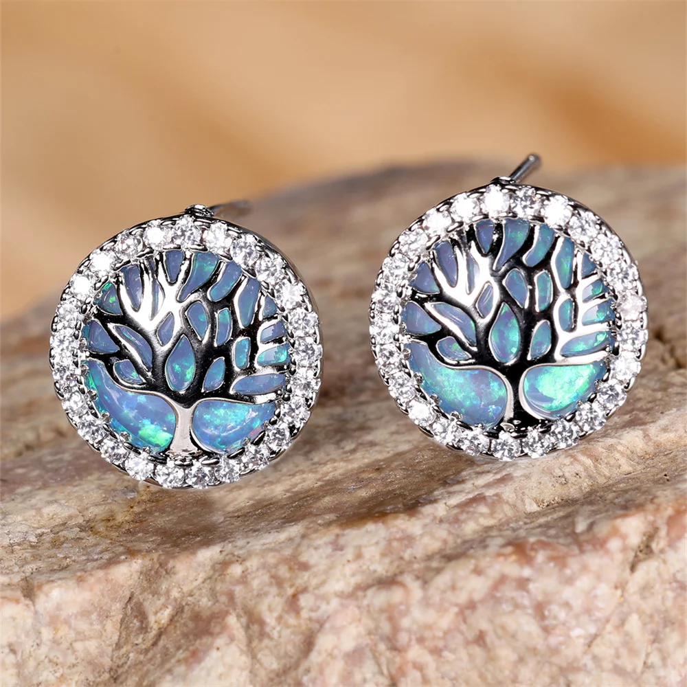 Blue Opal Round Stone Cute Life Tree Stud Earrings For Women Vintage Silver Color Wedding Jewelry Bridal Engagement Gifts