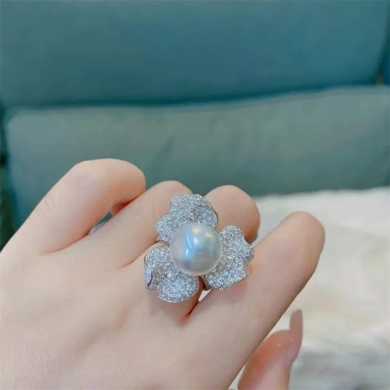 2023 New Vintage Elegant Flower Imitation Pearl Ring Female Adjustable Size Jewelry Wedding Prom Luxury Accessories Gift G1760