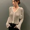 Korean Elegant Ladies Y2K Color-Block Knitted Sweater Women's Knitwear Fashion Striped Ruffle V-Neck Long Sleeve Casual Cardigan 3