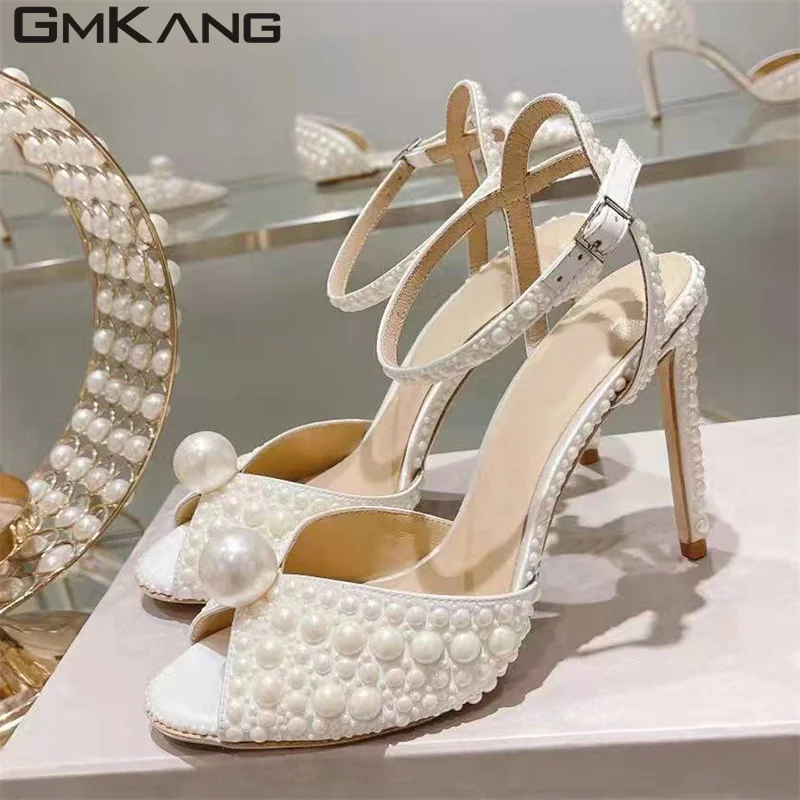 

Luxury All Pearl High Heel Gladiator Sandals Women Peep Toe Runway Shoes Woman Summer Heeled White Sandals Woman Sandalias Mujer