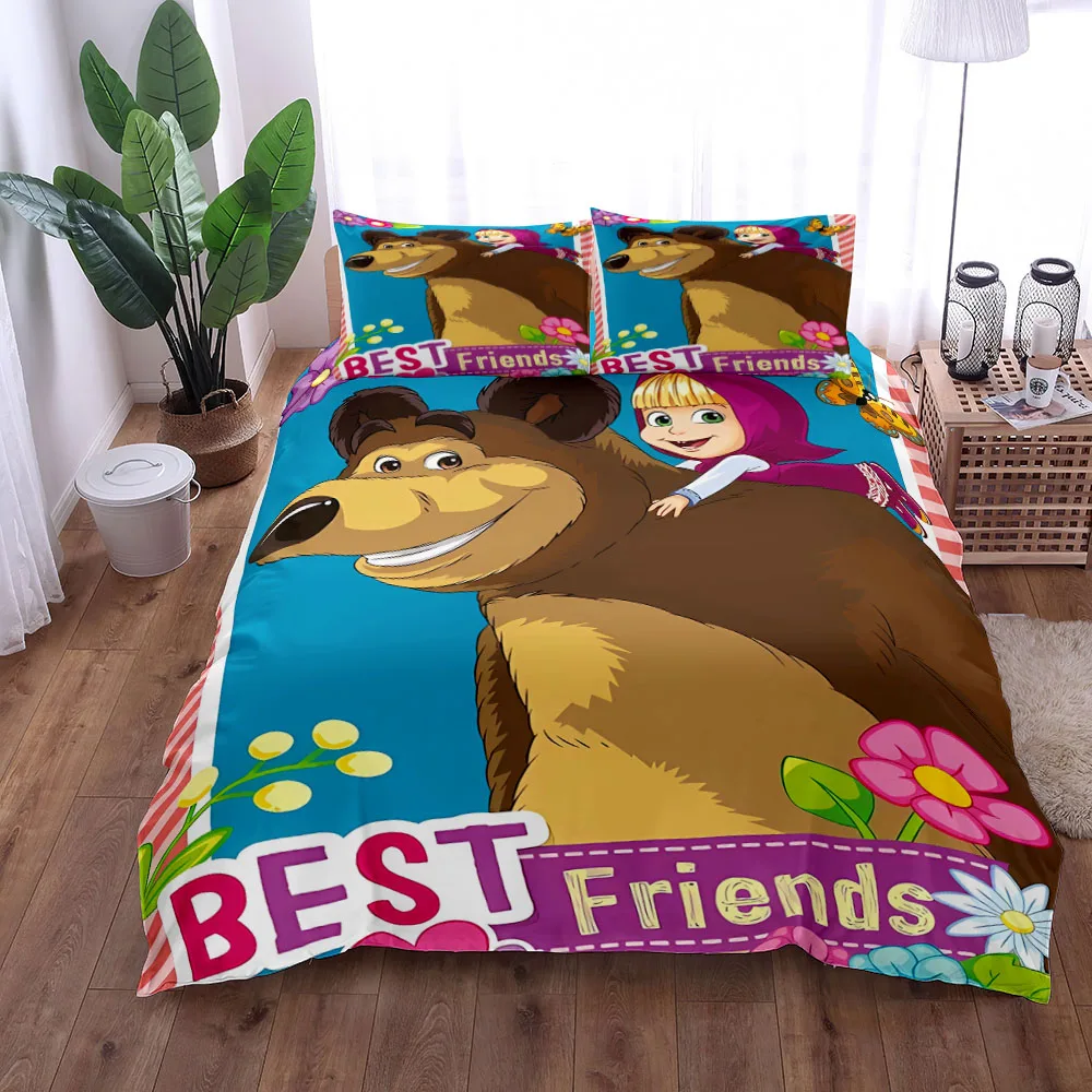 Masha Cartoon Duvet Cover Set without sheet King Queen Double Full Twin Single Size Bed Linen Set 6