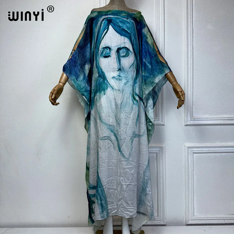 

WINYI Africa beach dress Runway Designer holiday muslim dress Women fashion Print Middle East Female kaftan abayas dubai luxury