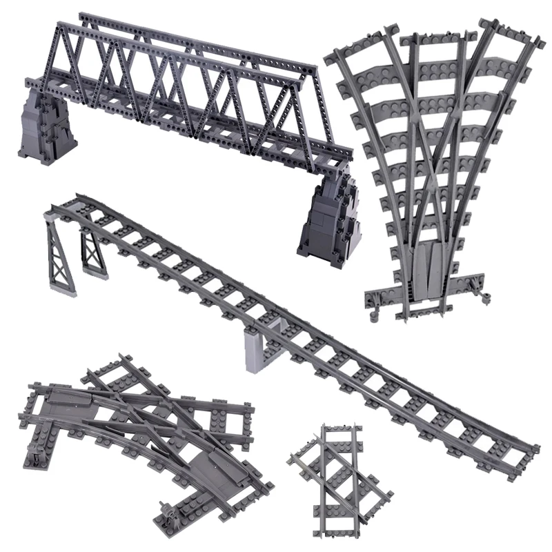 Stadt Züge DIY Bausteine Gerade Gebogene Schiene Ziegel Teile Brücke Tunnel Modell Weiche Flexible Kreuz Gleise Eisenbahn MOC Spielzeug