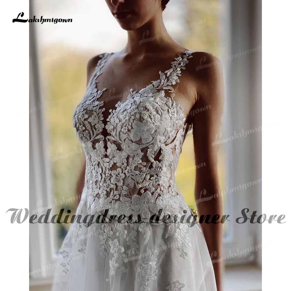 Sexy A-Line Beach Wedding Dress V Neck Floral Lace Boho Sleeveless Bridal Gown Princess Ivory Wedding Gown Vestido Novia 2022 traditional wedding dresses