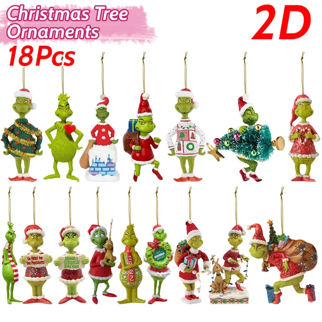 18Pcs 2D Acrylic Green Monsters Christmas Tree Ornaments 1