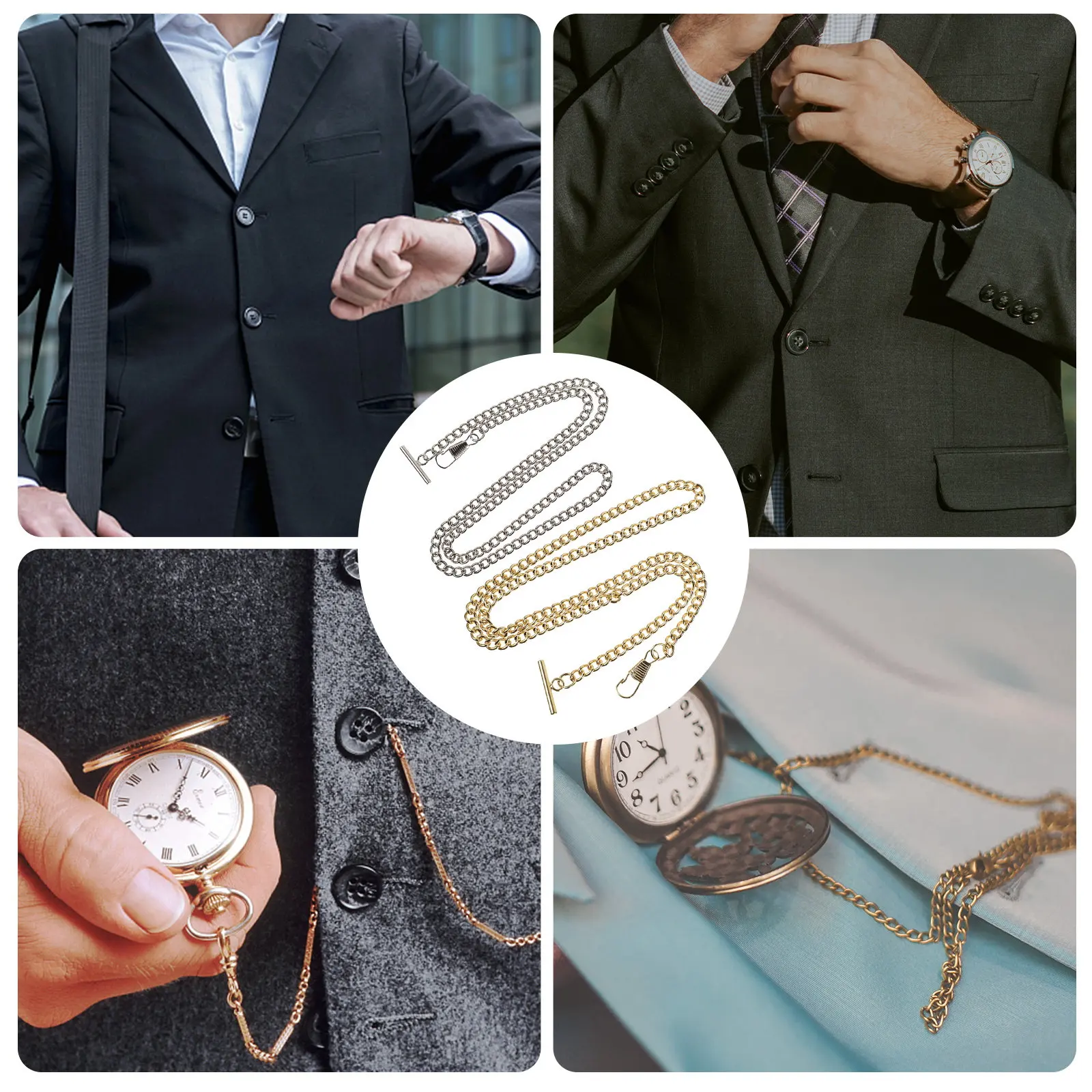 2Pcs T-바 포켓 시계 체인 솔리드 금속 구조 견고한 양복 조끼 체인 남성 여성용 청바지 키체인 장