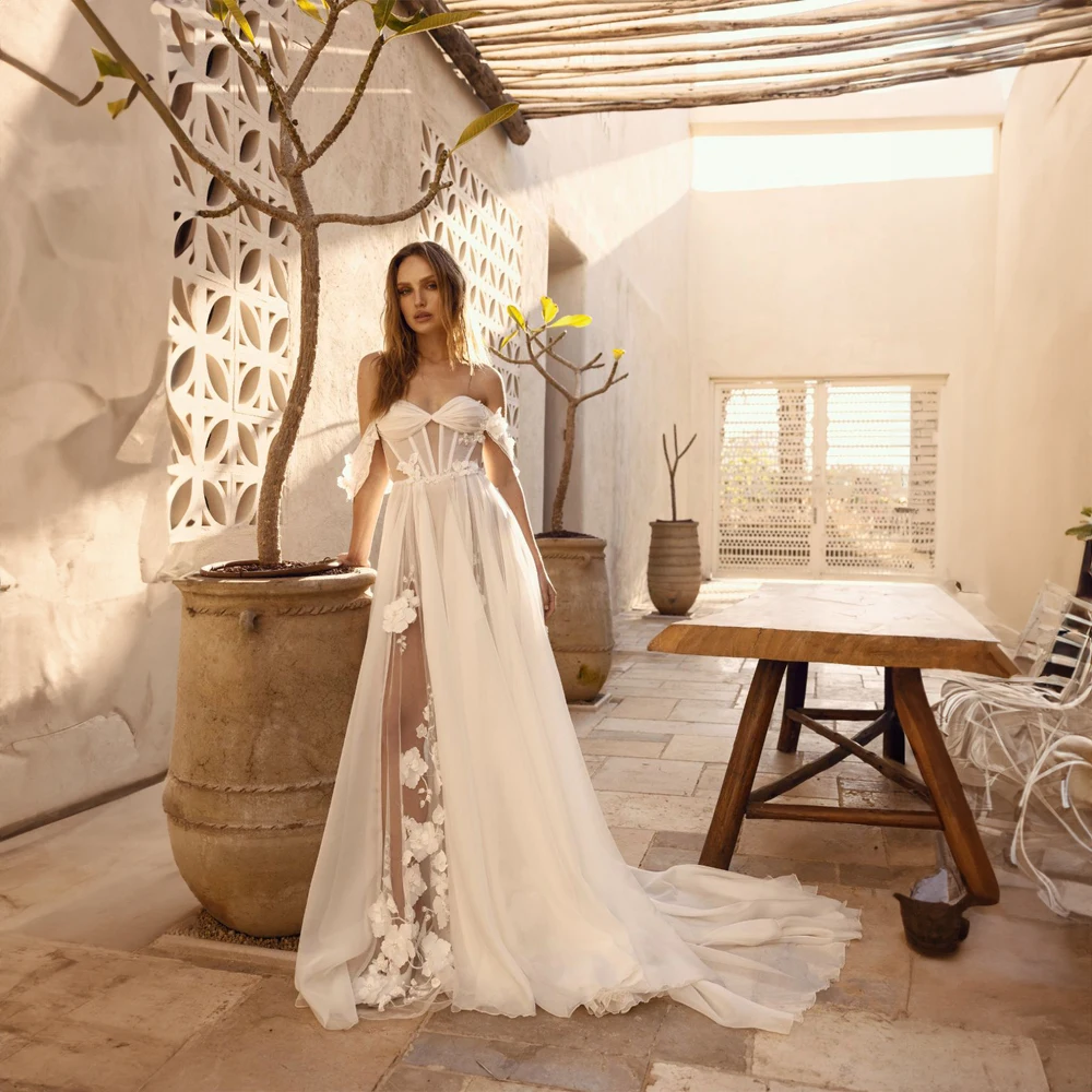 

Off the Shoulder Tulle Flower Accents Wedding Dress for Women A-line Side Split Court Wedding Bridal Gown vestidos de novia