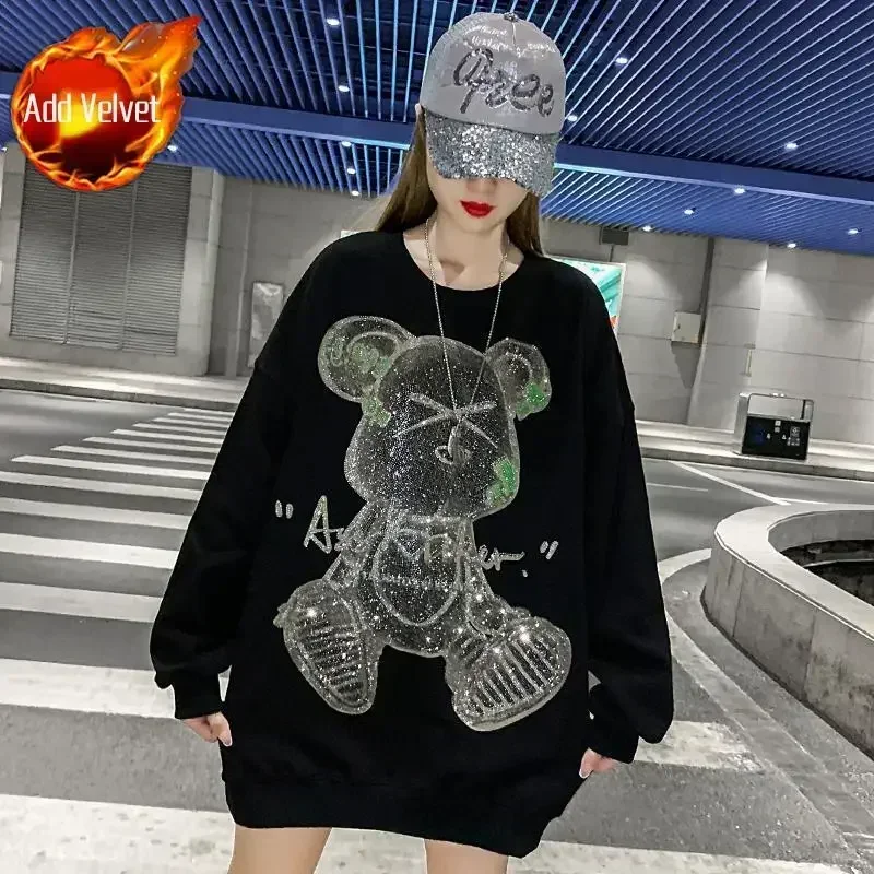 Rhinestone Woman Clothing Glitter Women\'s Sweatshirt Graphic Pullovers Top Round Neck Sequin Thick Y2k Style Essential M Basic E