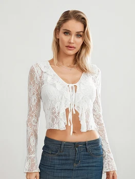 Women's Summer Lace Crop Tops Flare Long Sleeve Tie Front Sheer Cardigan Clubwear 3