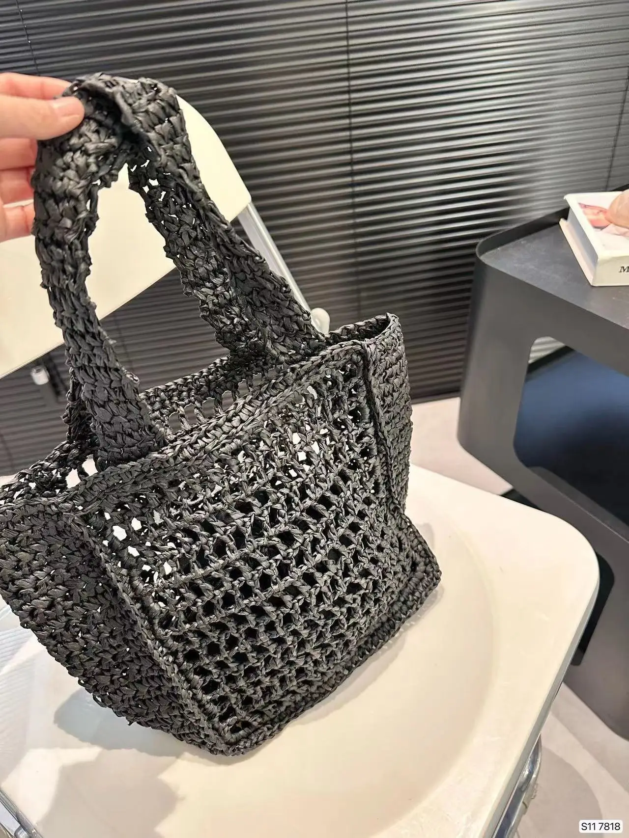 

PR Knitted Handbag For Women's Travel Essential Hollowed Out Grass Beach Family Crochet Woven Bag