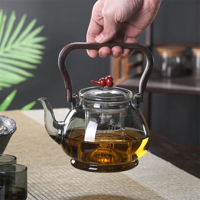 Heat Resistant Glass Teapot with Infuser Lid and Wood Handle