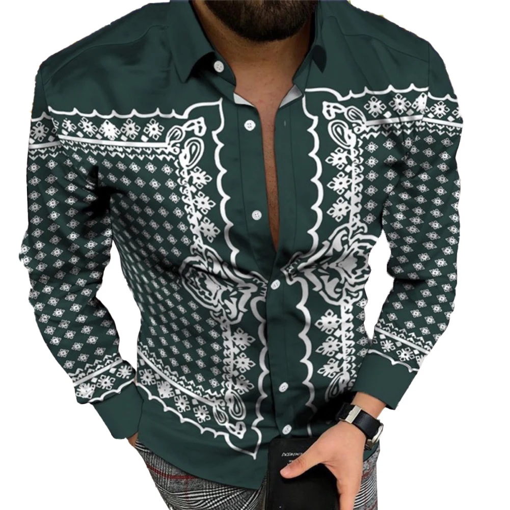 Mens Casual Baroque Vintage Printed Long Sleeve Shirt Muscle Fitness Button Down T-Shirt Party T Dress Up Male Elegant Tee Tops