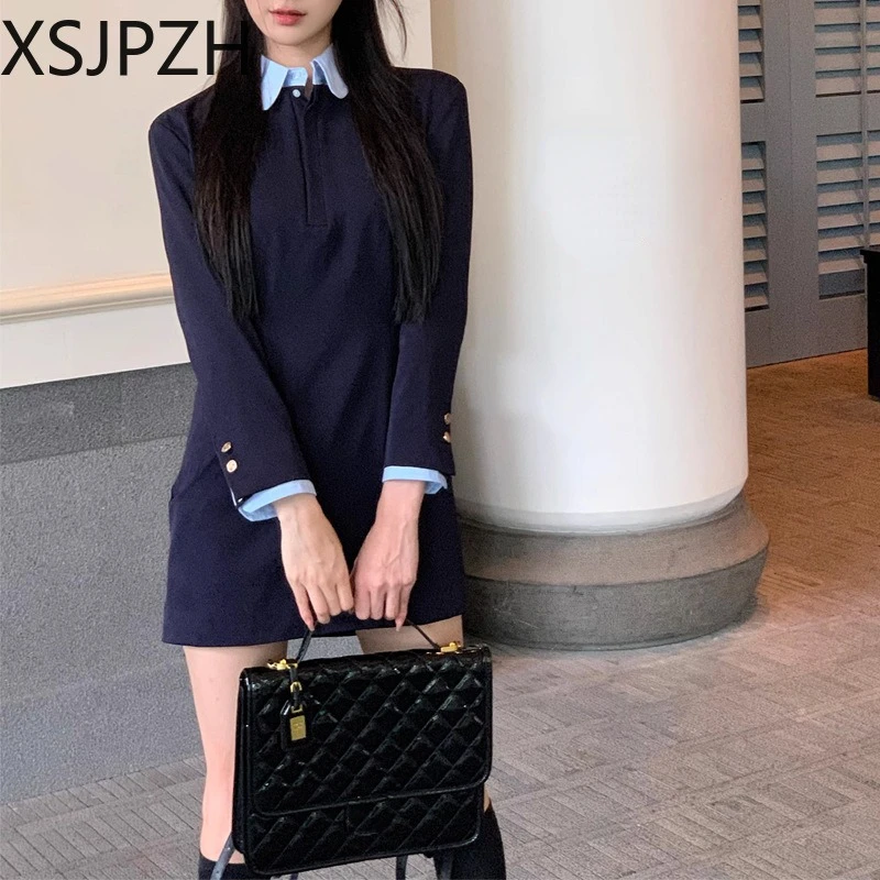 2024 New Long Sleeved Suit Dress Female Office Commuter Design Sense Niche Girdling Fake Two High Grade Black Dress Autumn