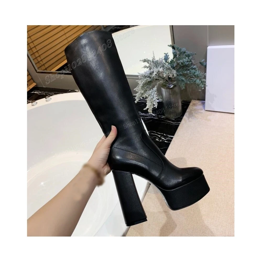 

Black Platform Mid Calf Boots Matte Leather Chunky High Heel Solid Sexy Women Shoes 2024 Autumn Fashion Zapatos Para Mujere