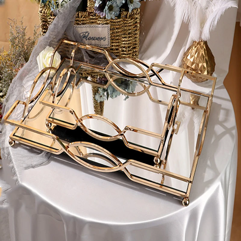 

European decorative tray rectangular metal dressing table for household use, cosmetic storage tray, Household display trays