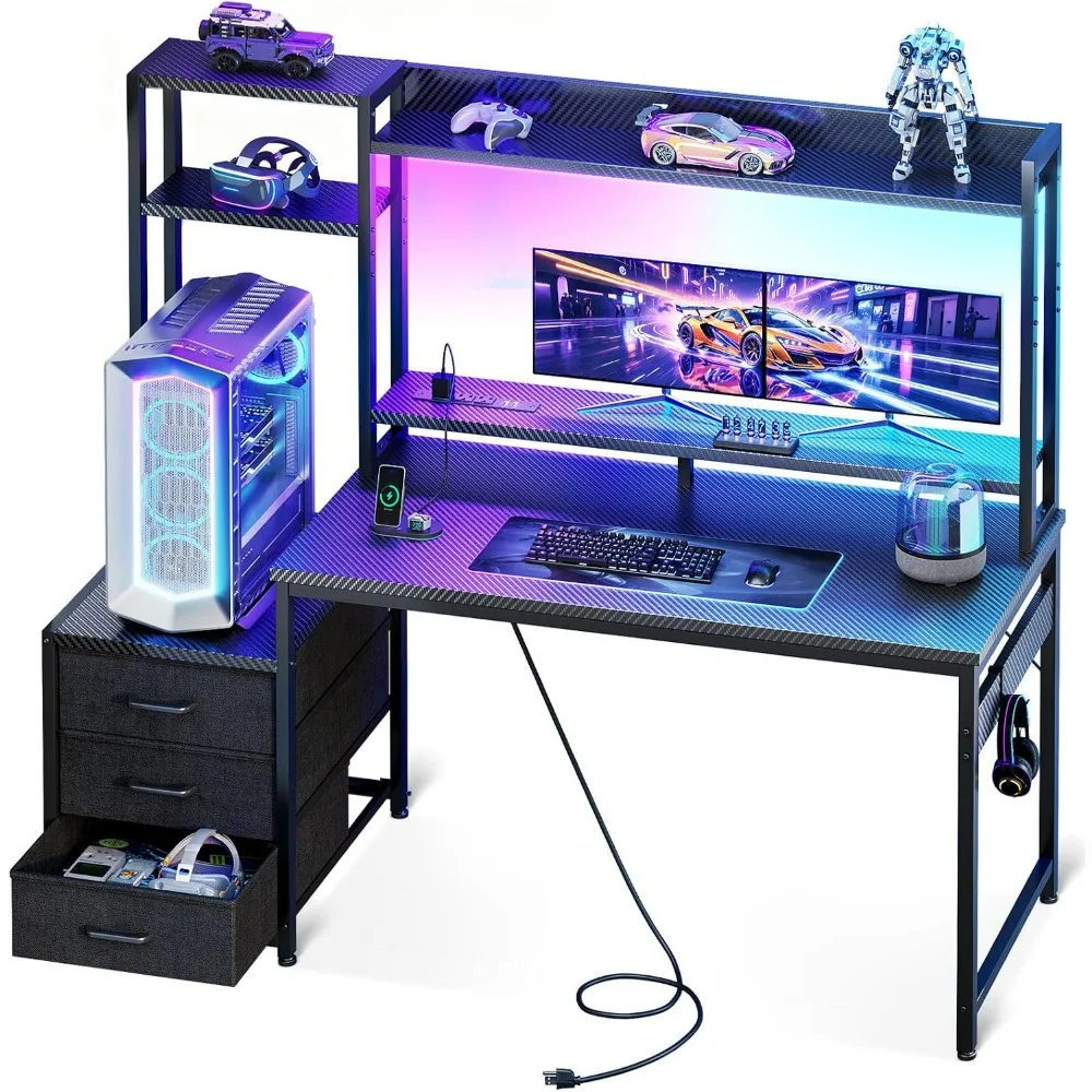 Casaottima 48 Inch Reversible Gaming Desk, LED Lights & USB Ports, Hutch & 3 Fabric Drawers, Sturdy Computer Table with Monitor