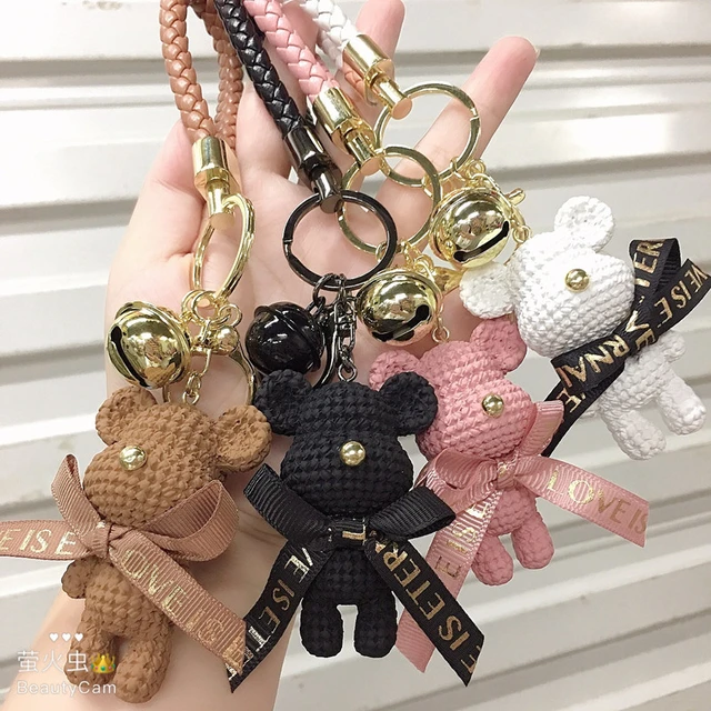 Cute Bear Key Chain Resin Bow Bell Rabbit Keychain Weaving Fashion Doll Bag  Pendant Holiday Car