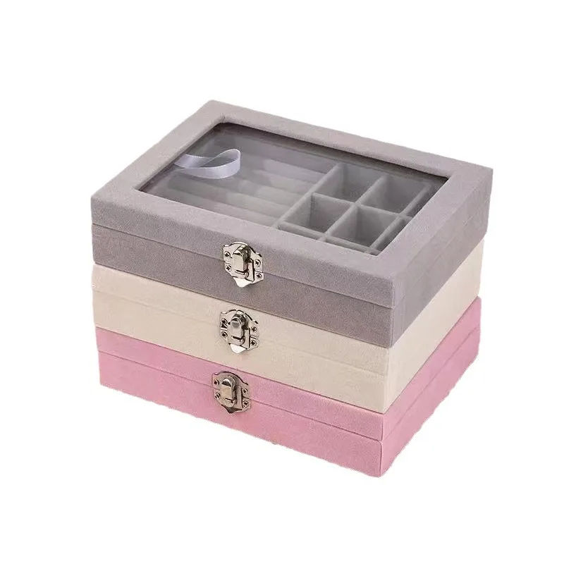 Necklace Earring Jewelry Storage Box Transparent Glass Velvet Organizer Box Dust-proof Household Accessory Packaging Boxs 5