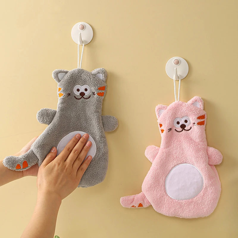 

1PC Cartoon Cat Hanging Hand Towels Soft Coral Velvet Cute Kids Baby Wipe Handkerchief for Home Kitchen Quick Dry Bath Towels